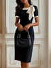 Women's Clothing Round Neck Bow Contrast Color Slim Dress For Celebrity Party Banquet Spring/Autumn Fashion_ecoleips.com