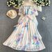Elegant Off The Shoulder Ruffle Dress French Style Vacation Inspired Floral Print Cinched Waist Flowing Skirt For Spring And Summer_ecoleips.com