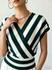 Women Soft Skin-Friendly Breathable Striped Knit Top Wrap V Neck Cap Sleeve Loose Waist Cinch Cropped Knit Blouse_ecoleips.com