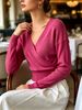 Women Cross Wrap V Neck Ribbed Knit Top Loose Long Sleeve Lightweight Hollow Texture Breathable Skin-friendly Cropped Knit Blouse_ecoleips.com