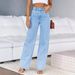 Women's Flared Stretch Denim Pants - High Waist Wide Leg, Vintage Washed Blue, Office-to-Weekend Versatility_ecoleips.com