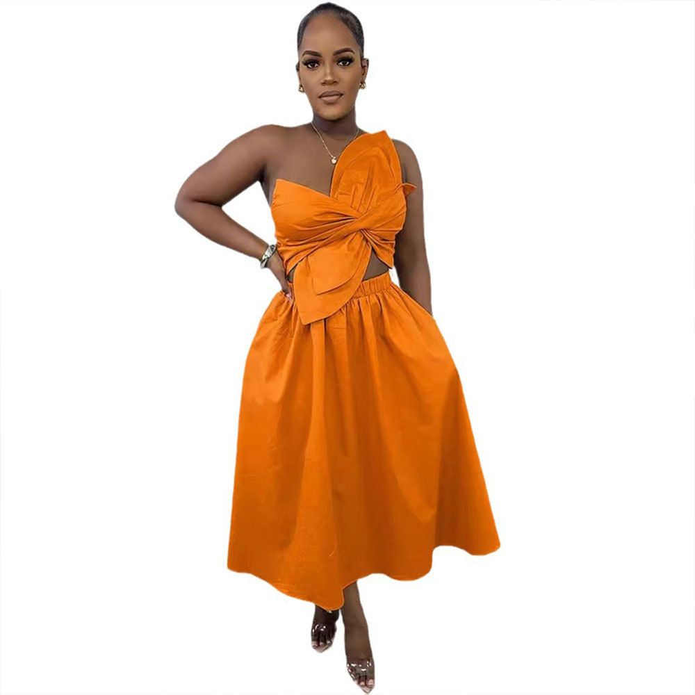 Women's Clothing Sexy Solid Color One Shoulder Petal Hollow Dress_ecoleips.com