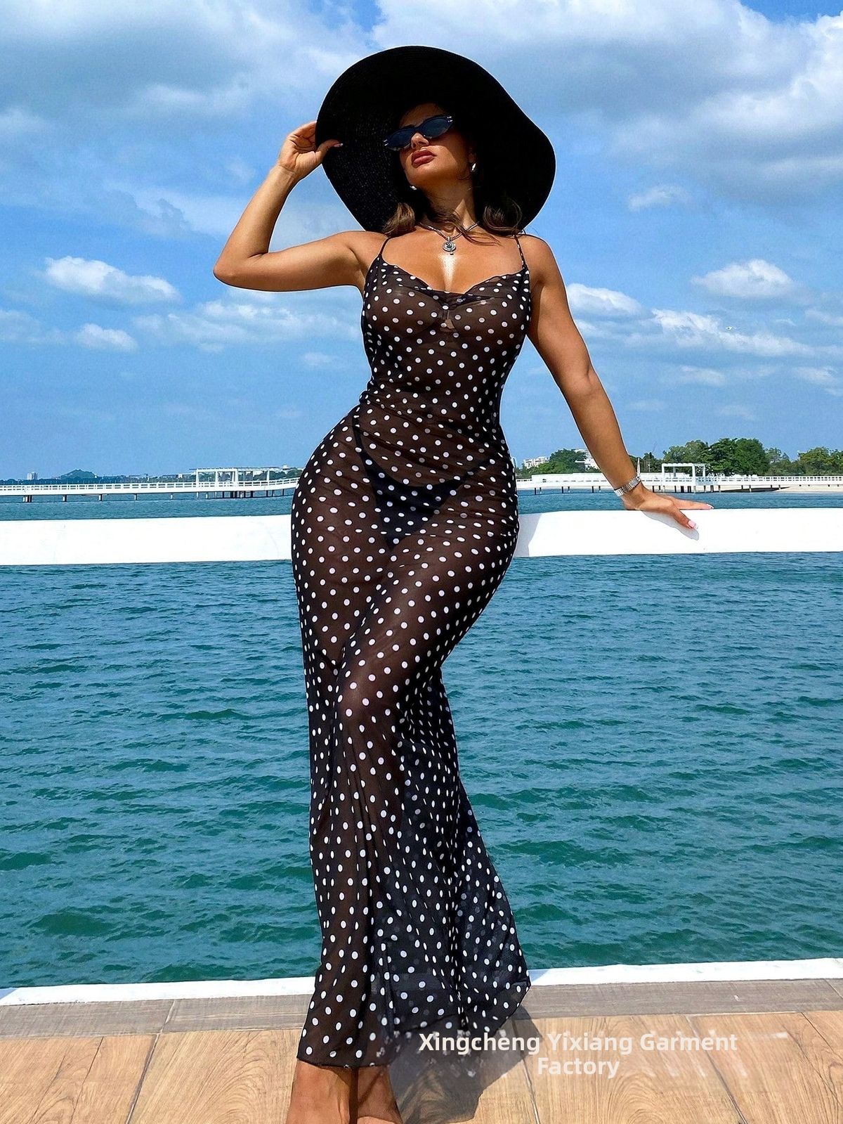 Sexy Mesh Semi-Transparent Long Dress Style Cross Border Trade Polka Dot Hollow Design Halter Neck Open Back Casual Women's Dress_ecoleips.com