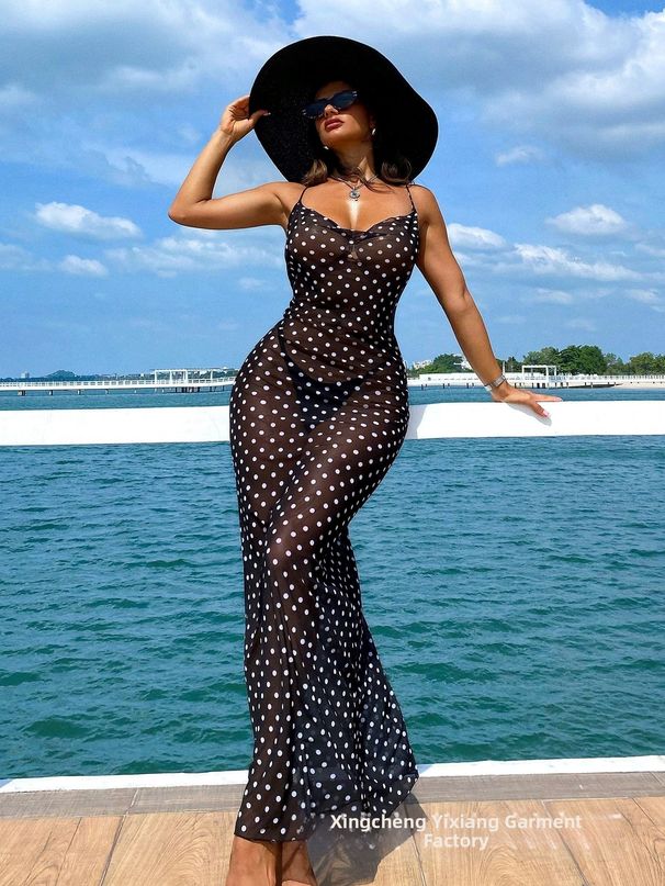 Sexy Mesh Semi-Transparent Long Dress Style Cross Border Trade Polka Dot Hollow Design Halter Neck Open Back Casual Women's Dress_ecoleips.com