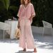 Spring Autumn V Neck Striped Women's Suit Set European American Style Casual Two Piece Wide Leg Pants_ecoleips.com