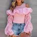Sexy Round Neck Puff Sleeve Top For Women Mesh Off Shoulder Slimming Glossy Loose Fit Versatile Shirt_ecoleips.com