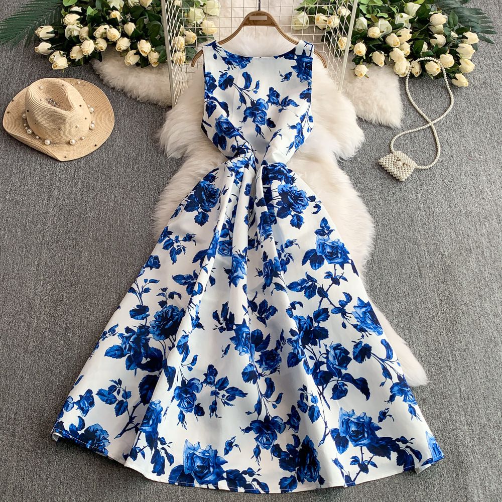 High Grade Printed Temperament Sleeveless Dress For Women 2025 Summer New Style Waist Slimming Fluffy Long Skirt_ecoleips.com
