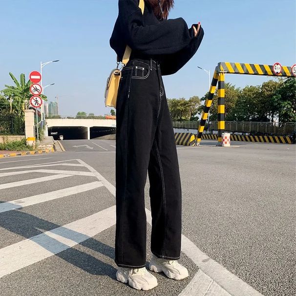 Women's High Waist Wide Leg Jeans – Black Korean Style Stretch Denim, Straight Fit, Comfortable & Slimming (S-2XL)_ecoleips.com