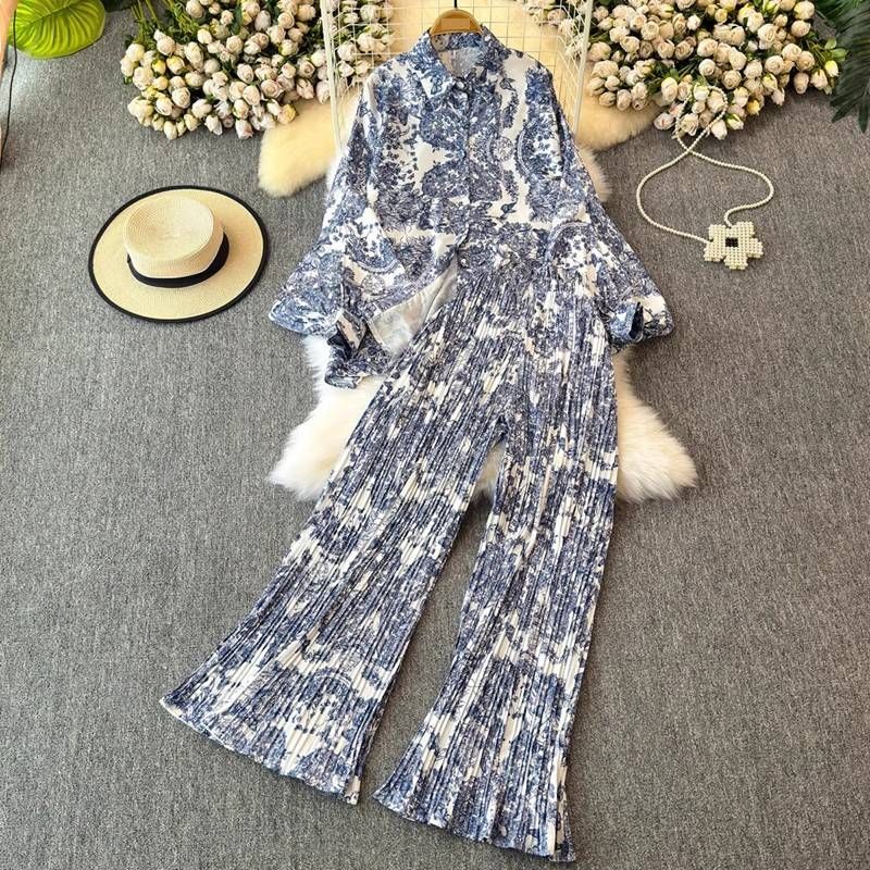Women's Clothing Women's Fashion Suit European American Loose Fit Printed Shirt Two Piece Casual High Waist Wide Leg Pants Spring Lantern Sleeves_ecoleips.com