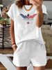 Summer New Letter Pattern T-shirt, Casual Printed Round Neck Short Sleeved Top With Elastic Waist Pocket, Women's Two-piece Set-287_ecoleips.com