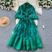Women's Clothing French Retro Court Style Dress Beaded Lapel Lantern Sleeves Three Dimensional Floral Mesh Long Autumn_ecoleips.com