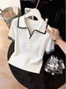Women's White Collared Knit Top Short Sleeved Color Blocked Ribbed Design Slimming Elegant Summer New Style_ecoleips.com