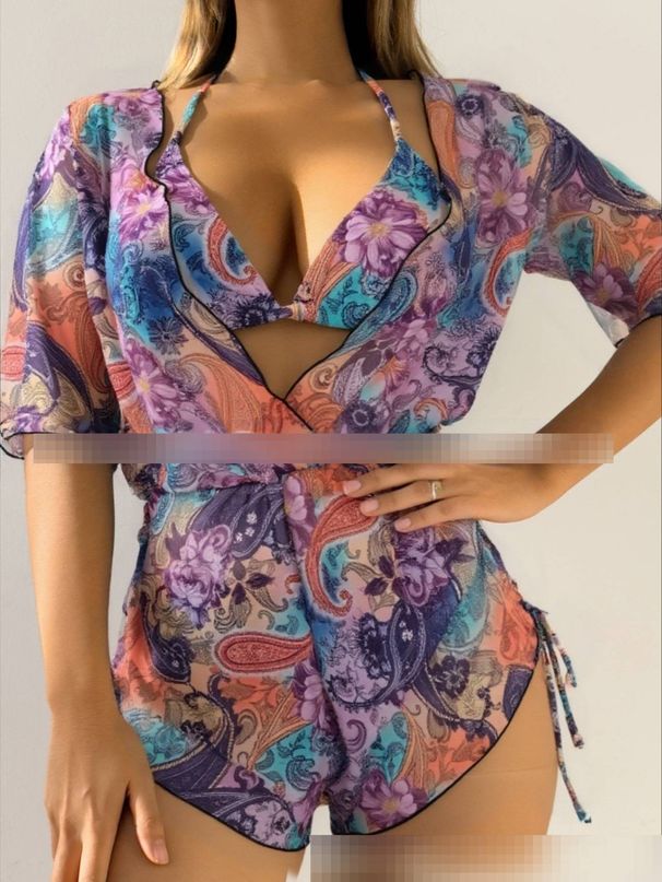 Women's 3-Piece Bikini Set With Halter Top, High Waist Bottom & Beach Cover-Up, Tropical Print Swimsuit_ecoleips.com