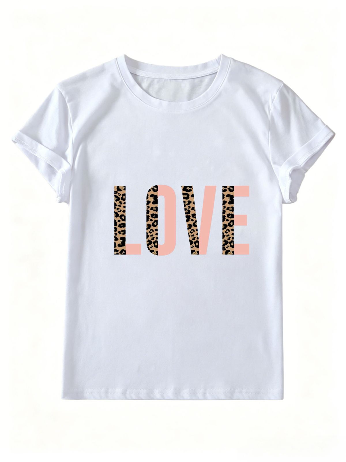 Women Leopard Splicing LOVE Letter Graphic Crew Neck Short Sleeve Casual Tee_ecoleips.com