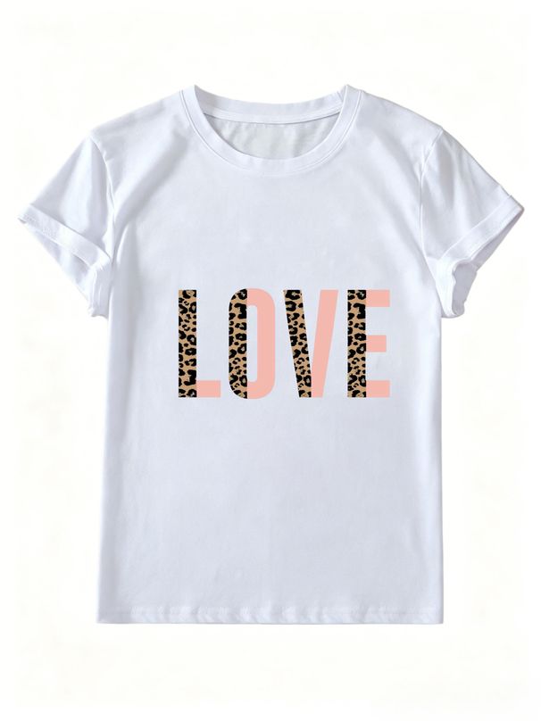 Women Leopard Splicing LOVE Letter Graphic Crew Neck Short Sleeve Casual Tee_ecoleips.com