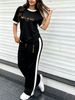 Women's Simple Sport 2-piece Set, Classic Print Colorblock Tee & Stretch Knit Side-stripe Drawstring Wide Leg Pants For Spring Summer Commute & Gym_ecoleips.com