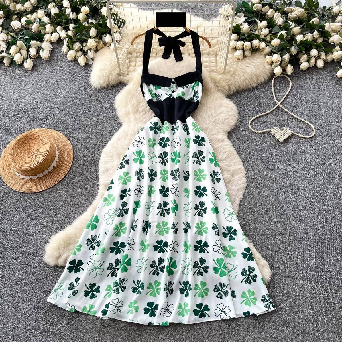 Retro Style Women's Halter Neck Dress Printed Backless Summer Sleeveless High Waist Slimming A-Line Skirt Tie Waist Elegant_ecoleips.com