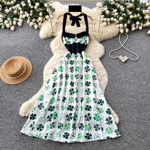 Retro Style Women's Halter Neck Dress Printed Backless Summer Sleeveless High Waist Slimming A-Line Skirt Tie Waist Elegant_ecoleips.com