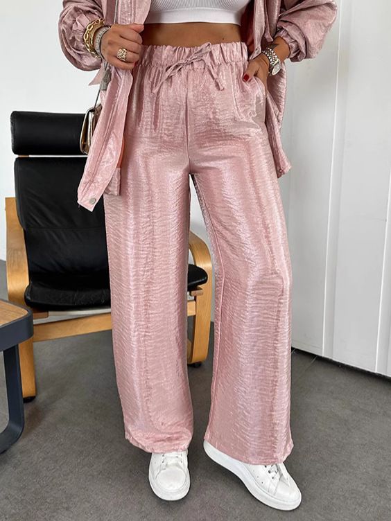 Women's Clothing Loose Straight Leg Pants With Drawstring Elastic Waist Solid Color Casual Trousers – Black, Pink, Light Green, Navy, Sky Blue, Silver_ecoleips.com