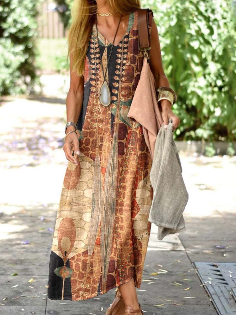 Women's Sleeveless Cross-Border Printed V-Neck Casual Bohemian Long Dress_ecoleips.com