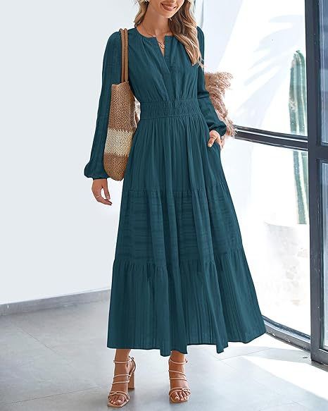 Women's V Neck Long Sleeve Dress Gathered Waist Layered Full Skirt Bestselling_ecoleips.com