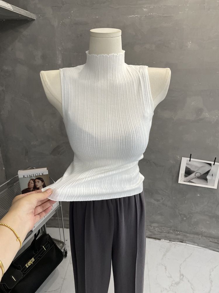 Women's Sleeveless High Neck Knitted Vest Top Sexy Tight Fitting T-Shirt for Layering_ecoleips.com