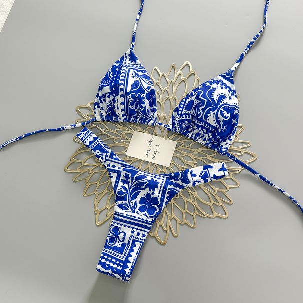 Blue And White Porcelain Print Halter Neck Bikini Set Triangle Cup Two Piece Swimsuit for Women European American Style Beach Vacation Swimwear_ecoleips.com