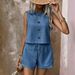 Women's Spring Summer Fashion Casual Solid Color Button down Sleeveless Vest And Shorts Set Resort Style Clothing_ecoleips.com