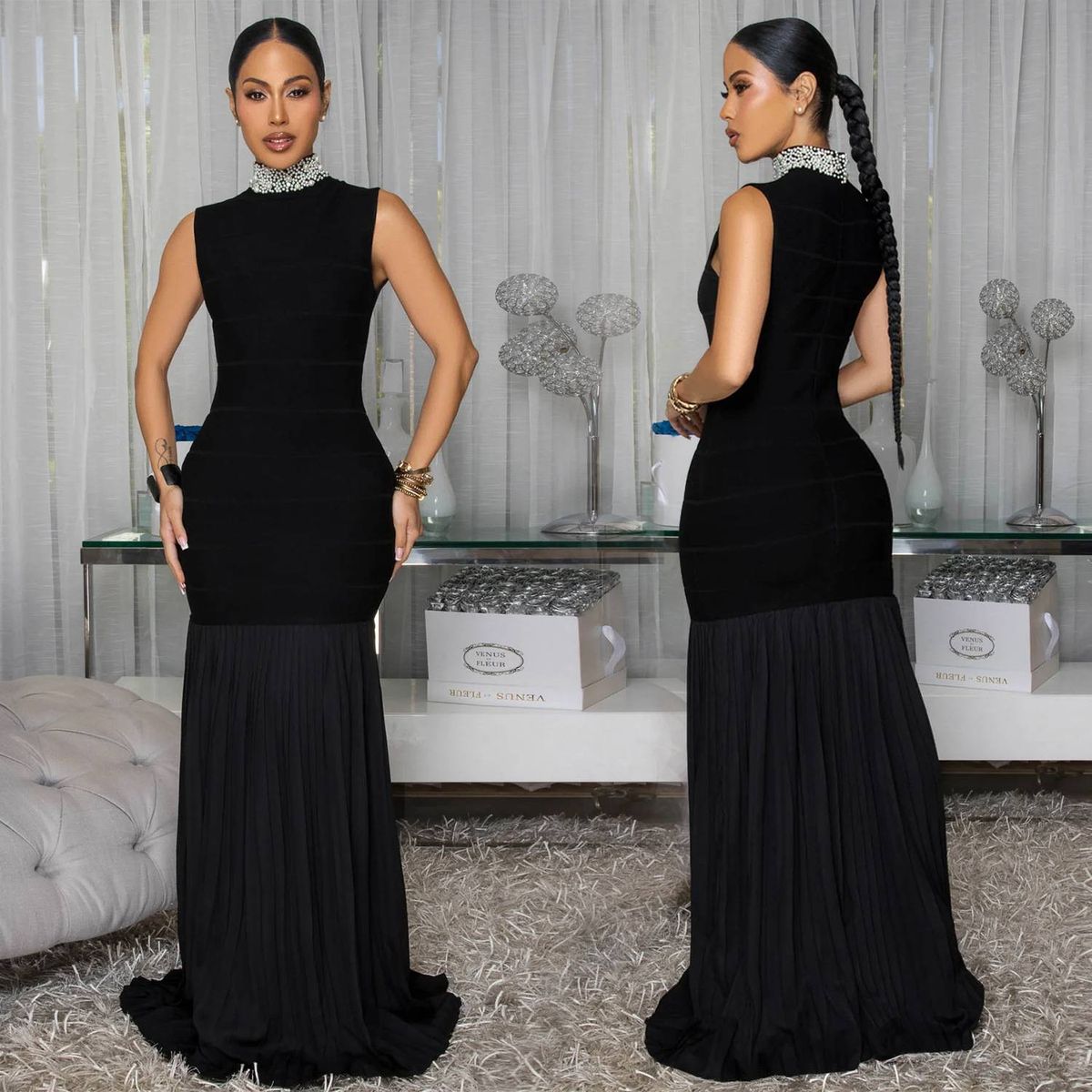Women's Clothing Fashion Splicing Pleated Temperament Slim Beaded Dress_ecoleips.com