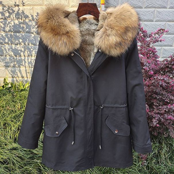 Women’s Detachable Faux Fur Parka Coat – Rabbit Fur Lining & Raccoon Collar, Slim Fit Mid-Length Winter Jacket (Multiple Colors & Sizes)_ecoleips.com