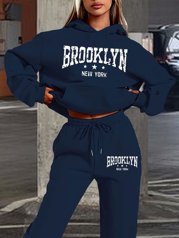 Women's Autumn And Winter Fashionable Casual Letter Pattern Printed Thick And Plush Warm Hooded Sweatshirt+sports Pants Set-787_ecoleips.com