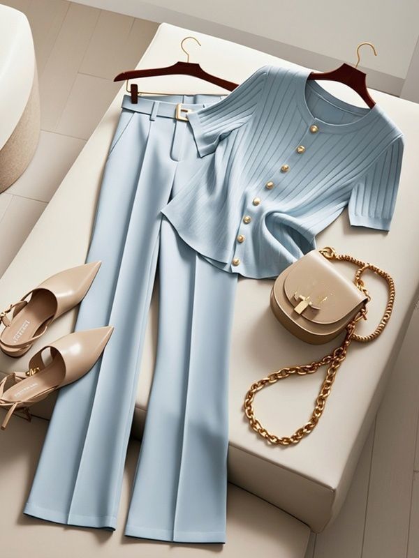 Women's Blue Two Piece Pants Set Trendy Sophisticated Summer Outfit Spring/Autumn Seasonal Sophisticated Style_ecoleips.com