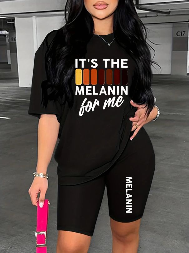 Summer Women's Casual Fashion MELANIN Letter Printed Loose T-shirt Shorts Two-piece Set Summer Sportswear Suitable For Daily Wear-176_ecoleips.com