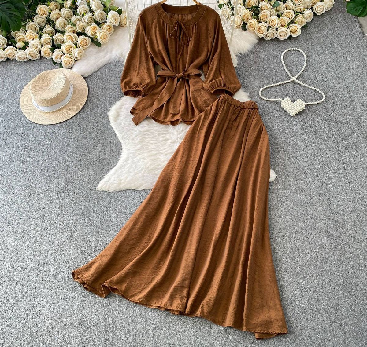 Women's French Style Relaxed Fit Shirt And High Waisted Skirt Two Piece Set With Tie Waist Three Quarter Sleeves Style_ecoleips.com