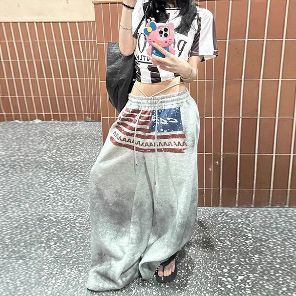 Retro Street Style Casual Pants for Women Loose Design Floor Length with Laces Print Hot Girl Fashion European And American Cross Border_ecoleips.com