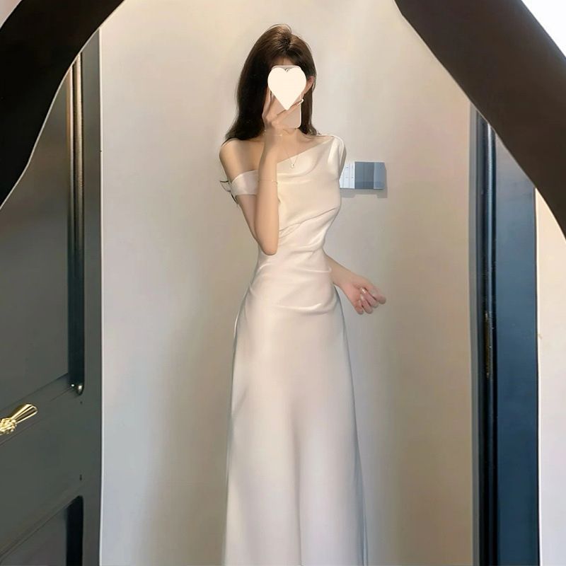 French Style Elegant High-End Swing Collar Aymmetric Shoulder Wait-Cinching Bodycon Acetate Satin Summer New Long_ecoleips.com