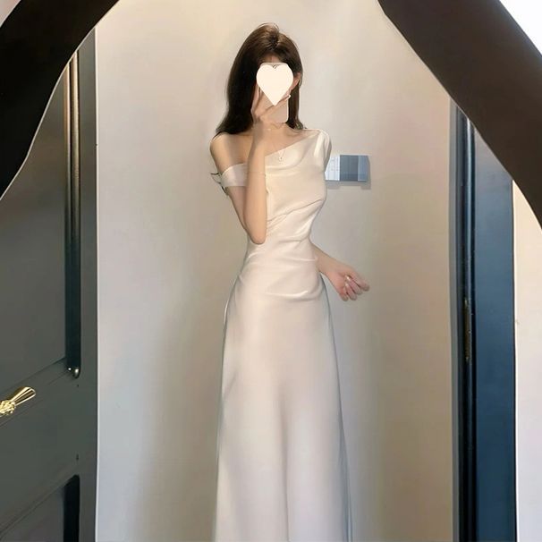 French Style Elegant High-End Swing Collar Aymmetric Shoulder Wait-Cinching Bodycon Acetate Satin Summer New Long_ecoleips.com