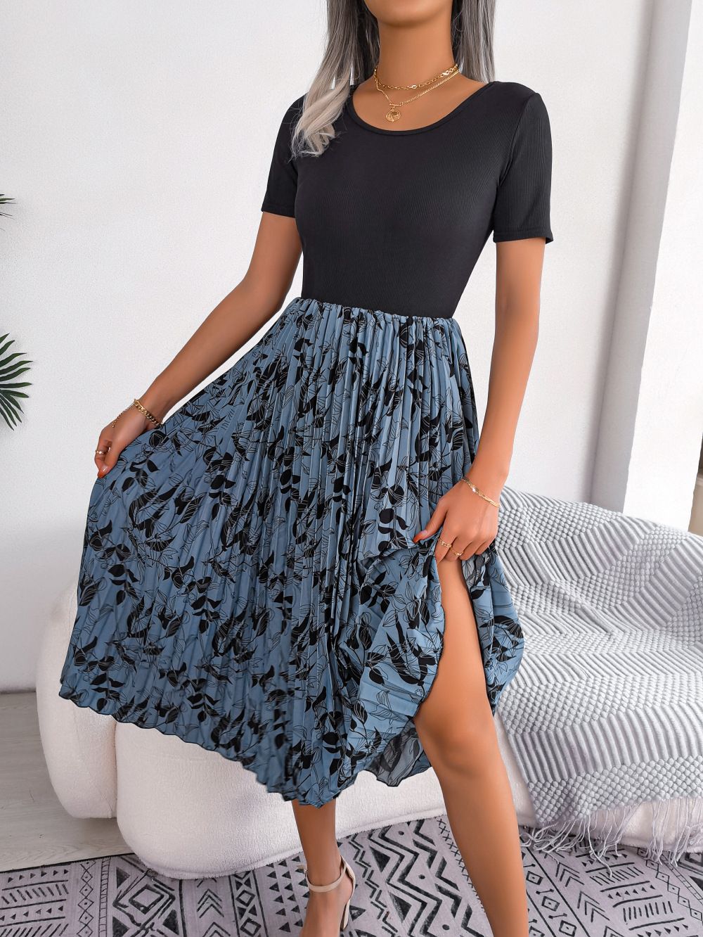 Women's Clothing Spring And Summer Casual Leaf High Waist Pleated Mid Length Dress_ecoleips.com