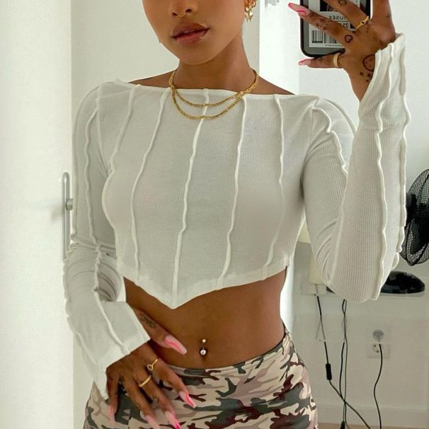 Summer Slim Fit Women's T-Shirt round Neck Long Sleeve Pleated Textured Pullover Sexy Trendy European American Export Style_ecoleips.com