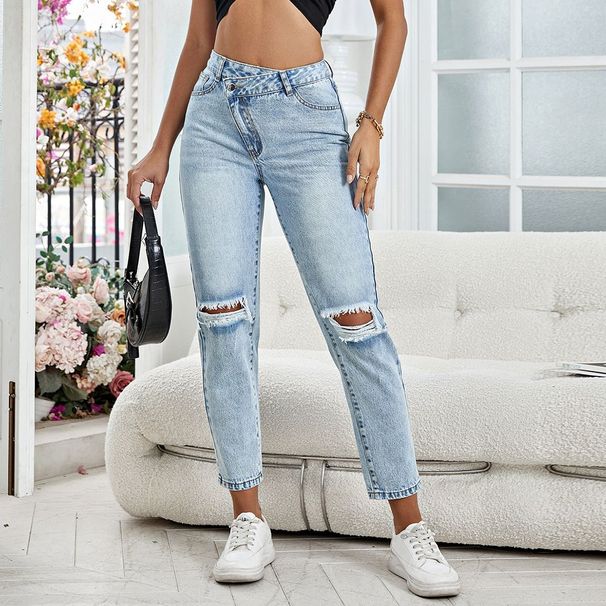 17-In Stock-35832#Amazon Cross-border Women's Clothing European And American INS Fashion Versatile Straight Ripped Denim_ecoleips.com