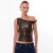 Sleeveless Leather T-Shirt Top For Women – Fashionable Twist Pleated Design, Oblique Shoulder, Tight Waist Vest, Summer Casual & Party Wear_ecoleips.com