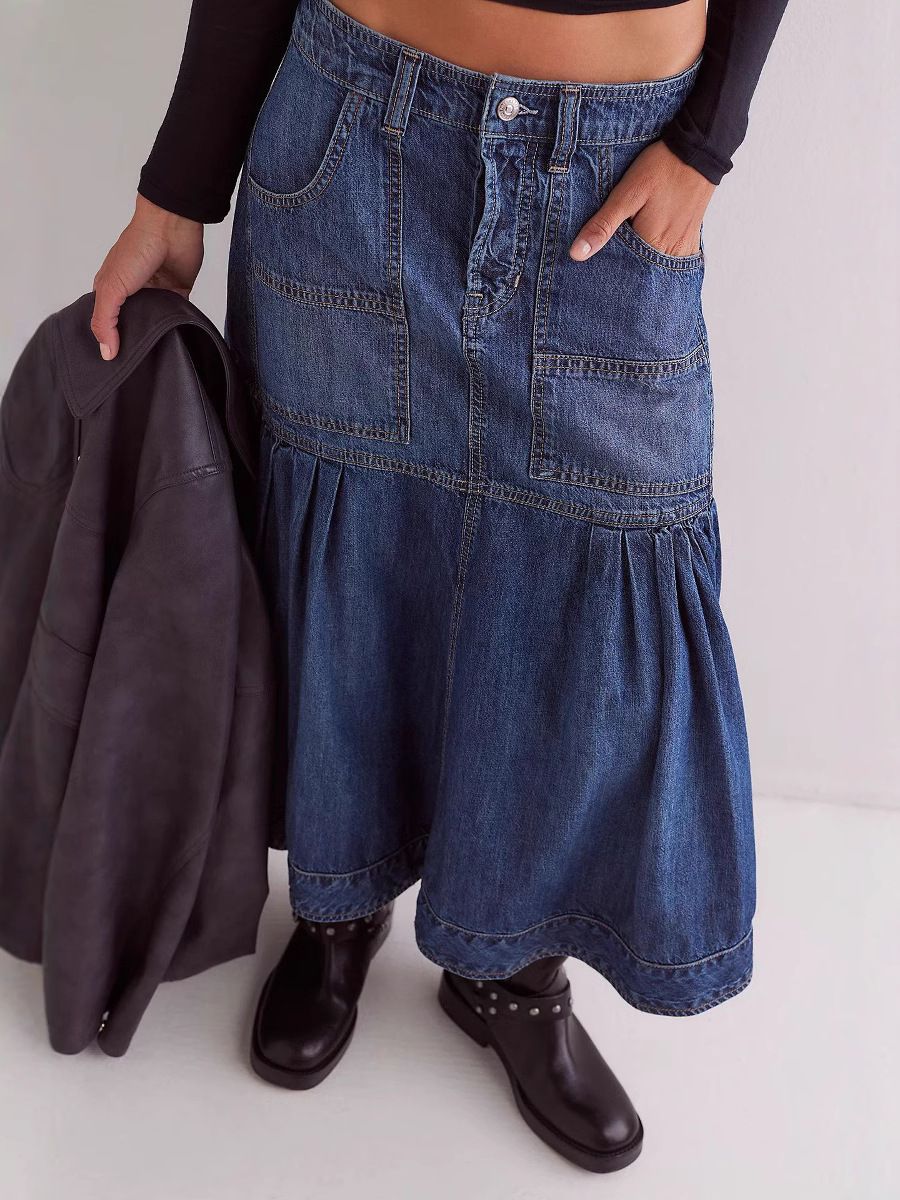 Women's Clothing Street Retro Women's High Waist A Line Casual Denim Skirt_ecoleips.com