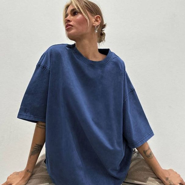 Women's Clothing Minimalist Style Loose Washed Old Pure Cotton T Shirt Women's Summer Colorful Loose 260g Cotton Short Sleeved Tops Women_ecoleips.com