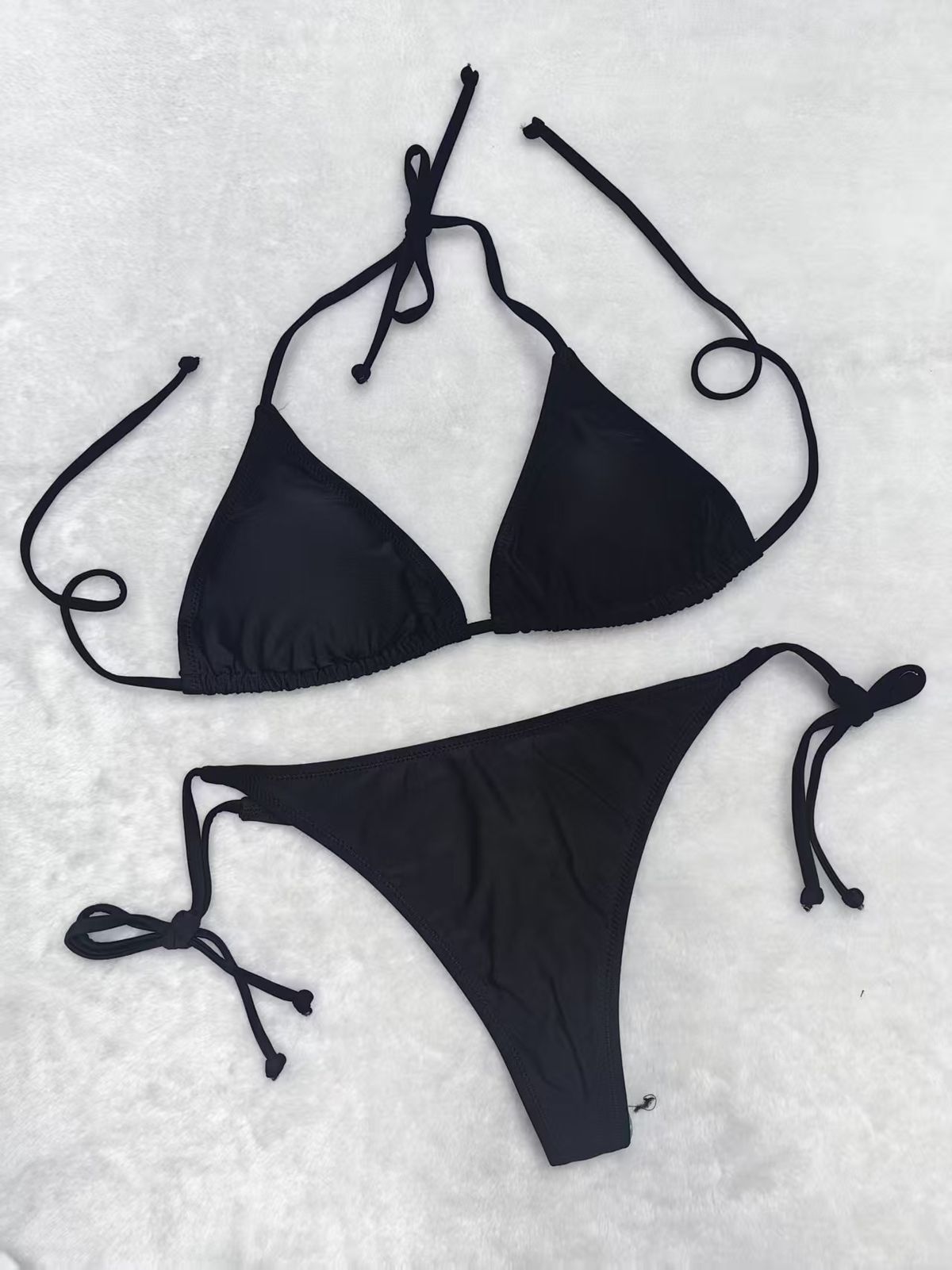 Women's Solid Color Lace-Up Triangle Cup Bikini Thong Swimsuit Sexy Beach Swimwear For All Seasons_ecoleips.com