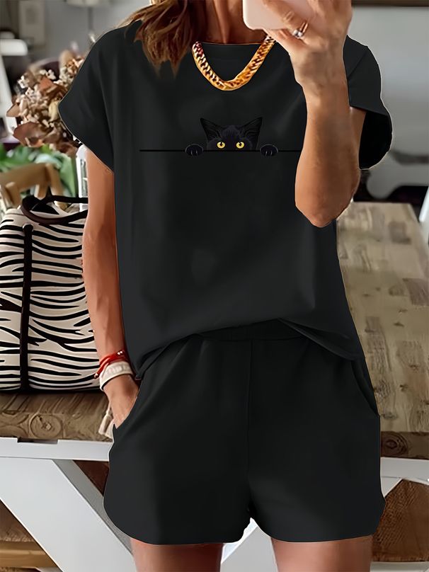 Women’s 2 Piece Outfit Set – Oversized Graphic T-Shirt And Biker Shorts Matching Set, Casual Summer Lounge Tracksuit For Daily Wear-299_ecoleips.com