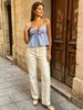 Women Blue White Striped Spaghetti Strap Cami Top, Front Tie Keyhole Peplum Flowy Babydoll Summer Tank Top_ecoleips.com