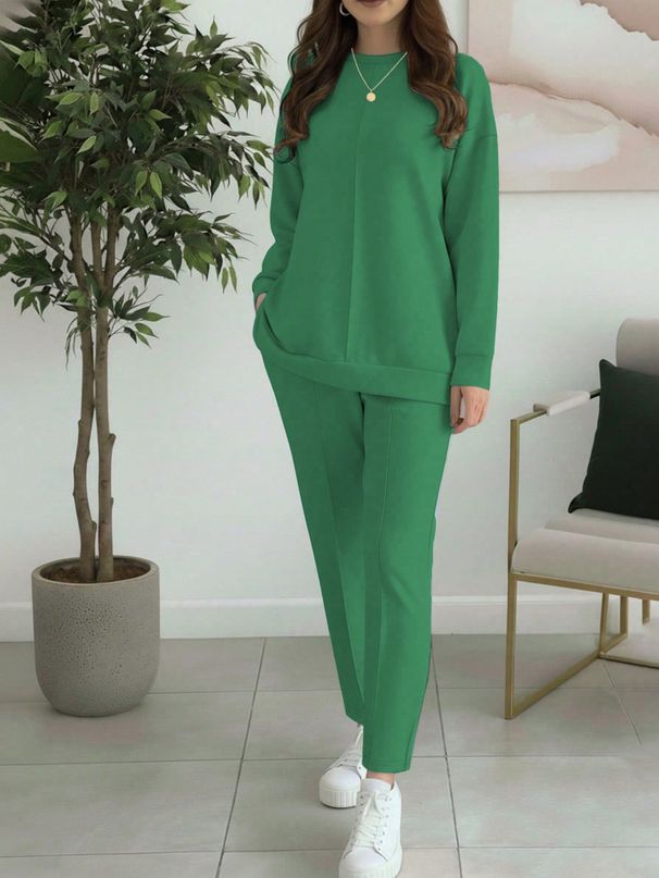 Women's European American Style Solid Color round Neck Long Sleeve Pant Set Casual Two Piece Top And Trousers Spring Autumn_ecoleips.com