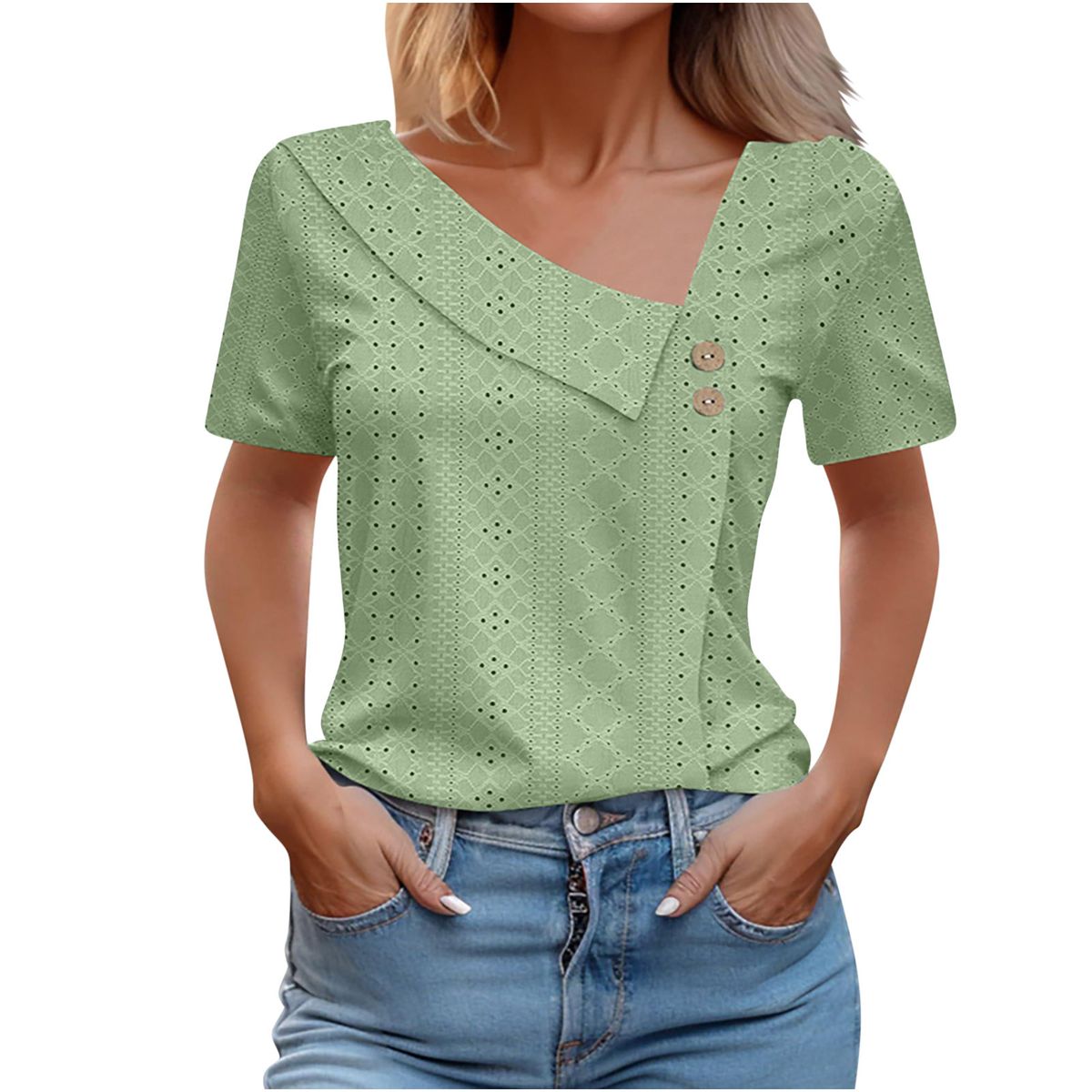 Women's Clothing Summer V Neck Button Solid Color Hollow Short Sleeve Women's Tops T Shirt_ecoleips.com