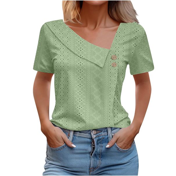 Women's Clothing Summer V Neck Button Solid Color Hollow Short Sleeve Women's Tops T Shirt_ecoleips.com
