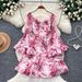 Women's French Romantic Style Floral Dress Bell Sleeve Waist Cinching Slimming Tiered Skirt Elegant Vacation Spring Autumn_ecoleips.com